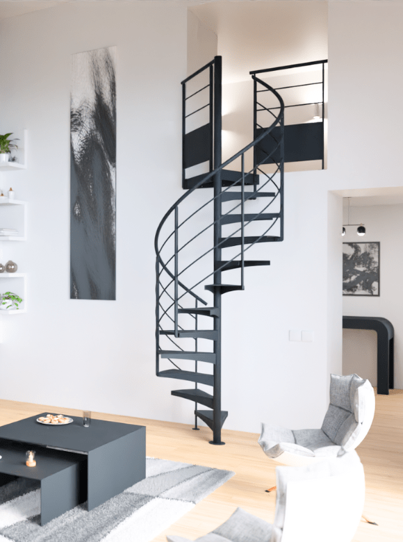 Escalier sur mesure Maison Helice gain de place allie design moderne et fonctionnalité : escaliers intérieurs, escaliers colimaçon, gain de place et leurs garde-corps d'étage sur palier, trémie ou mezzanine.