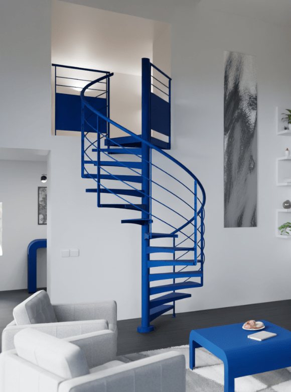 escalier bois métal bleu mezzanine